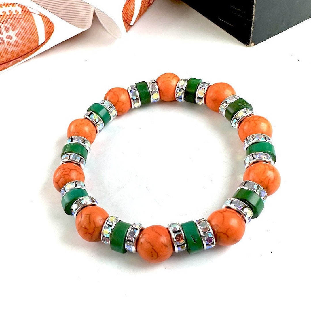 Orange & Green Game Day Bracelet, Gemstone 12mm Bead Bracelet