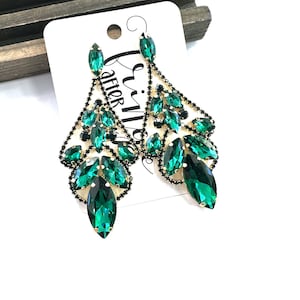 3.4&quot; Emerald rhinestone drop earrings, emerald rhinestone pageant dangle earrings, green prom earrings, crystal rhinestone earrings