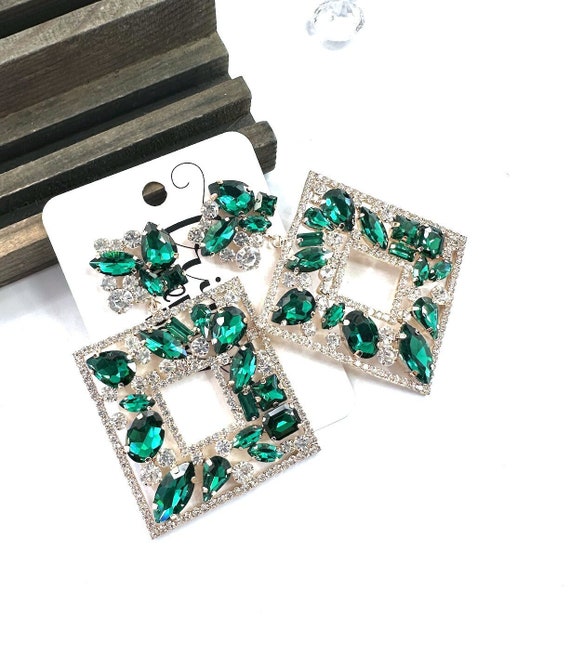 Emerald Crystal Rhinestone Dangle Earrings, Green Prom