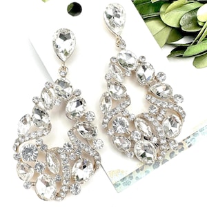 2.8&quot; Crystal gold rhinestone dangle earrings, clear crystal rhinestone pageant earrings, evening crystal prom earrings, bridal earrings
