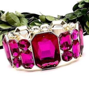 Fuchsia gold crystal stretch bracelet, chunky fuchsia emerald cut crystal stretch bracelet, fuchsia gold evening bracelet