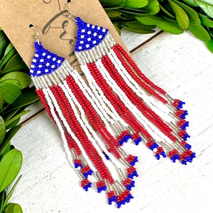 Patriotic seed bead tassel dangle earrings, long July 4th tassel earrings, red white blue beaded dangle earrings, USA Patriotic earrings