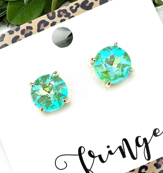 AB Neon Mint Glass Stone Stud Earrings, AB Neon Mint Green