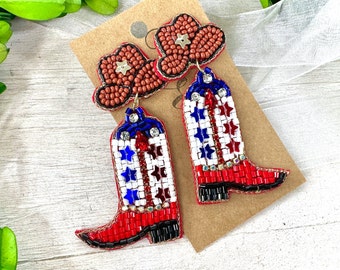 Patriotic cowboy boot earrings, July 4th seed bead dangle earrings, red white blue western earrings, USA Patriotic earrings