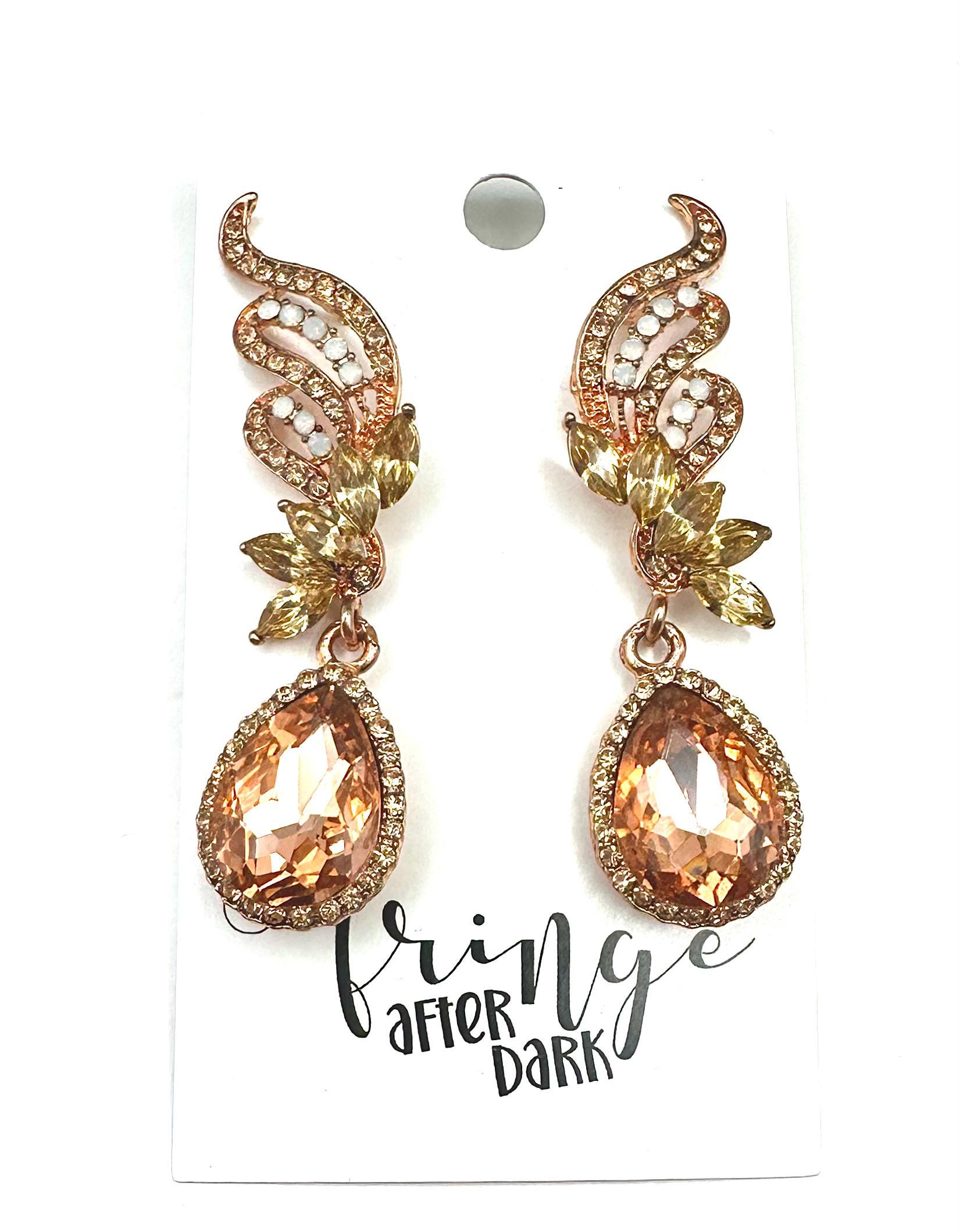 2.5" Peach rhinestone dangle earrings, peach pageant rhinestone earrings, peach prom drop earrings, peach rhinestone rose gold earrings