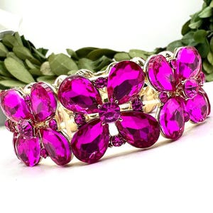 Fuchsia pink crystal stretch bracelet, teardrop fuchsia rhinestone stretch bracelet, pink prom bracelet, fuchsia chunky evening bracelet