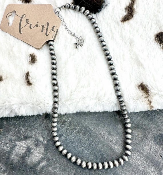 16” Navajo pearl style 6mm bead necklace, western pearls, western beads, western layering necklace, matte silver beads