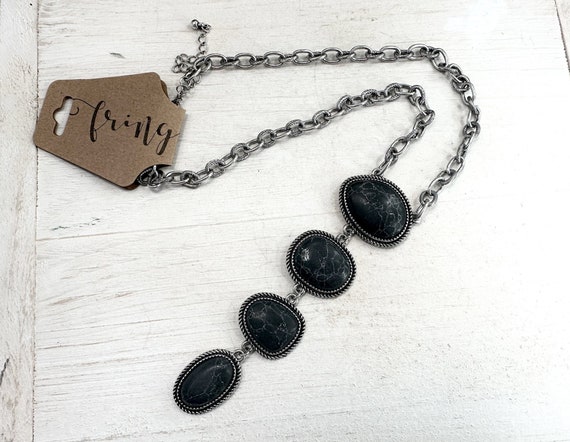 18 Black Western Pendant Necklace Oversized Western Y Necklace Burnished Silver Western Necklace Long Black Pendant Layering Necklace Etsy