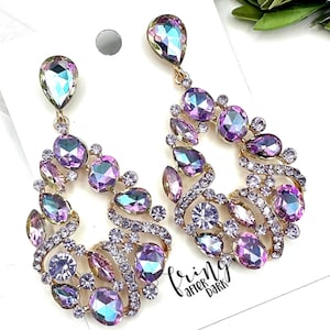 2.8&quot; AB lavender gold crystal rhinestone earrings, AB violet crystal rhinestone pageant dangle earrings, AB evening crystal prom earrings