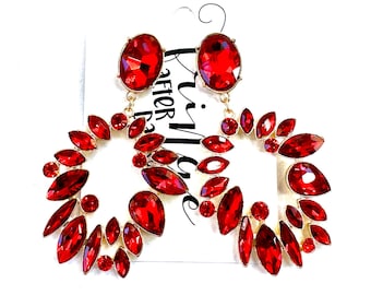 3" Red crystal dangle earrings, red prom earrings, red rhinestone earrings, red pageant earrings, red crystal statement earrings