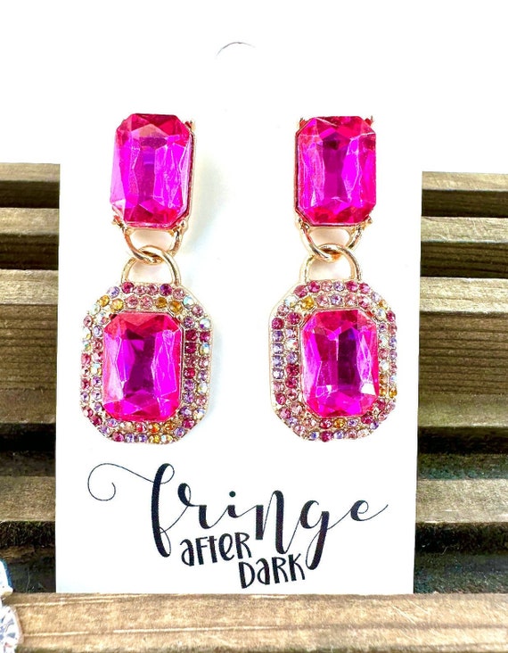 Fuchsia Pageant Earrings, Fuchsia Prom Earrings, Emerald Cut