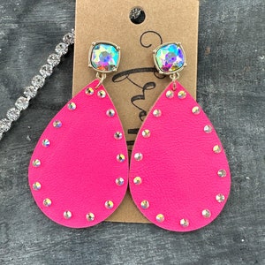 Bright pink leather RHINESTONE teardrop dangle earrings, rhinestone earrings, rhinestone earrings