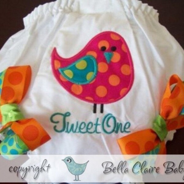 Ready to ship size 6-12 months monogrammed BIRD TWEETIE diaper cover bloomers baby girl
