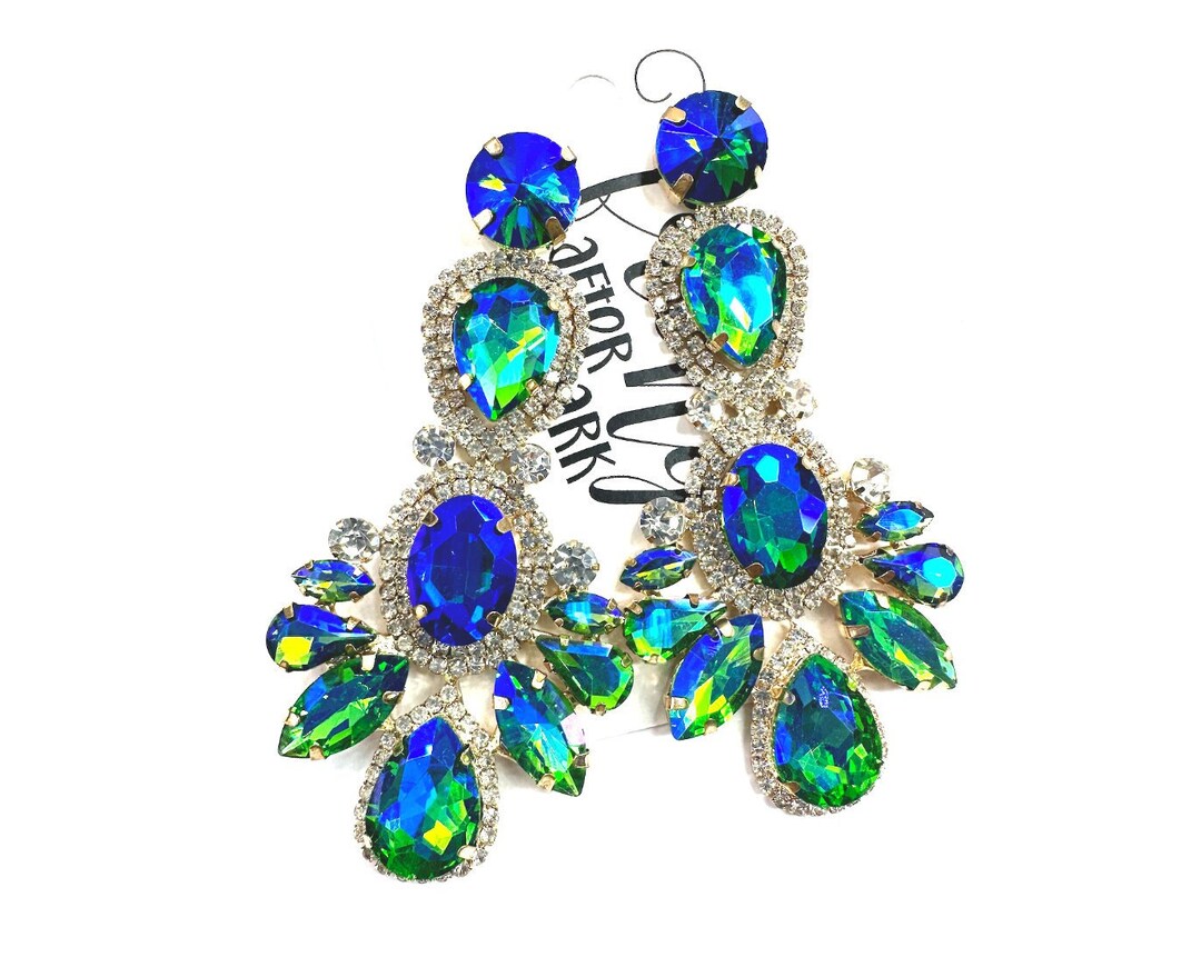 3.5 AB Green Blue Crystal Statement Earrings, AB Green Pageant Earrings