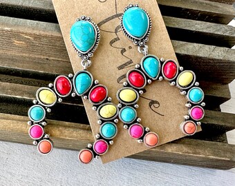 Western multi color dangle earrings, western burnished silver stone drop earrings, western multi color stone drop earrings