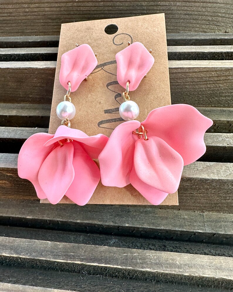Pink Petal Drop Dangle Earrings, Pink Acrylic Flower Petal Drop