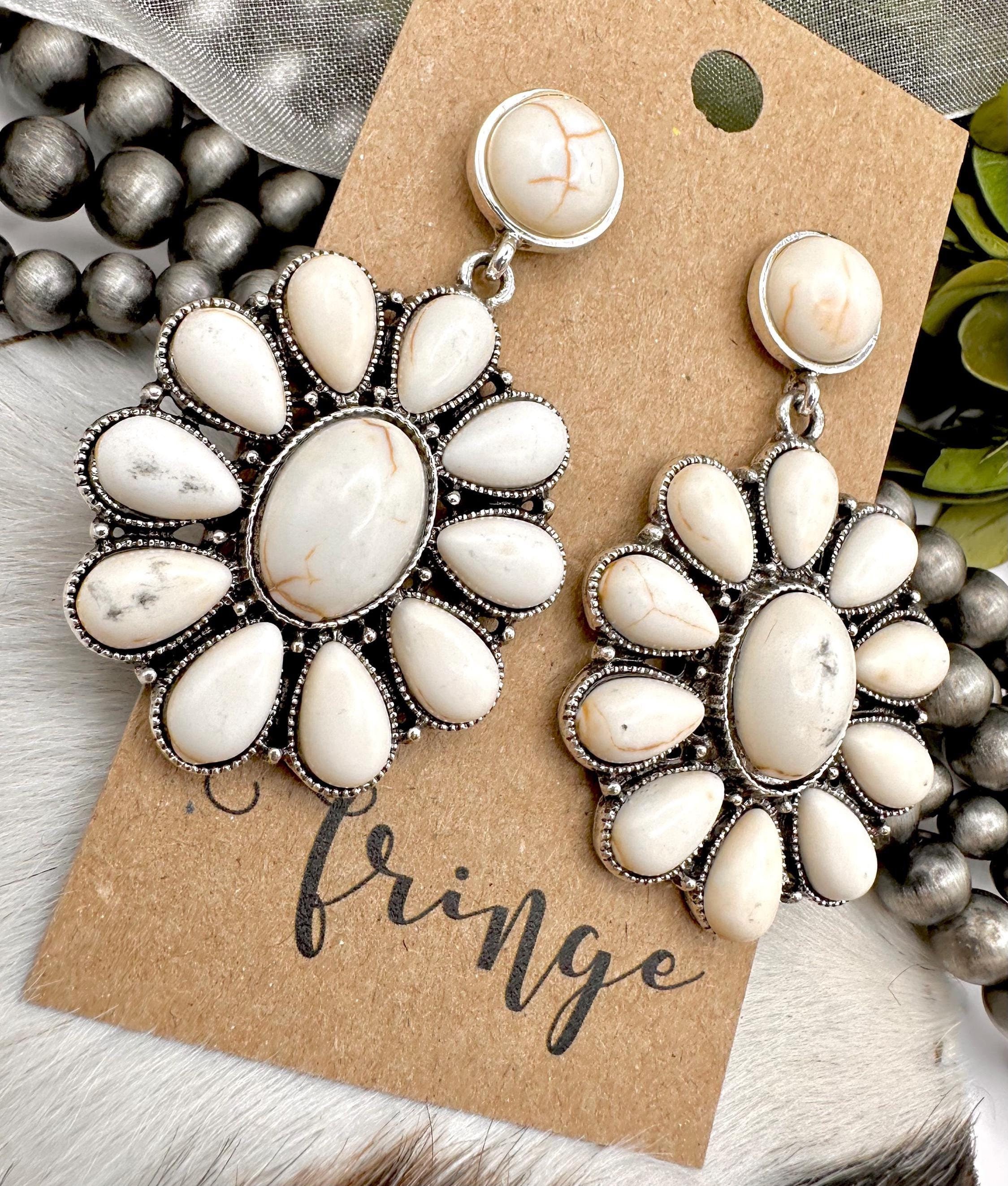 Ivory squash blossom dangle earrings, western stone statement earrings, burnished silver western earrings, concho earrings
