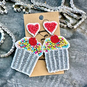 Cupcake dangle earrings, seed bead cupcake earrings, birthday earrings