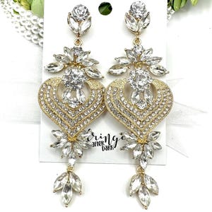 4&quot; Crystal gold chandelier dangle earrings, clear crystal gold statement earrings, long clear crystal rhinestone earrings