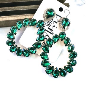 3.5&quot; Emerald pageant earrings, green prom earrings, emerald statement earrings, emerald rhinestone hoop earrings, emerald dangle earrings