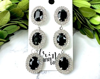 3" Black rhinestone linked earrings, black crystal pageant earrings, black prom dangle earrings, oval glass rhinestone earrings