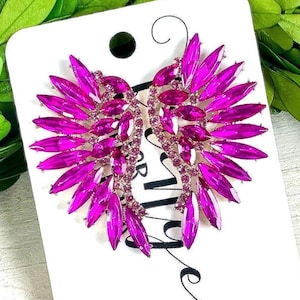 2.2&quot; Fuchsia marquise stud earrings, fuchsia crystal prom earrings, fuchsia rhinestone wing earrings, fuchsia and gold pageant earrings