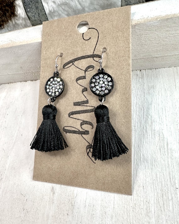 Black Rhinestone Tassel Earrings, Black AB Crystal Dangle Earrings