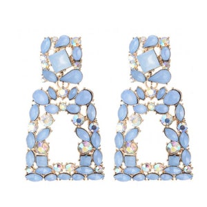 2.5&quot; Light blue rhinestone earrings, rhinestone dangle earrings, light blue pageant earrings, light blue prom earrings, sky blue earrings