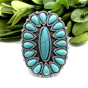 Turquoise blue squash blossom ring, western fashion cuff concho ring, burnished silver ranch style ring