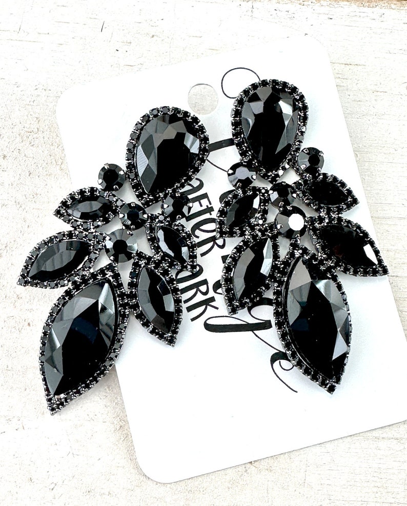 2.75 Black Rhinestone Pageant Earrings, Jet Black Evening Prom Earrings
