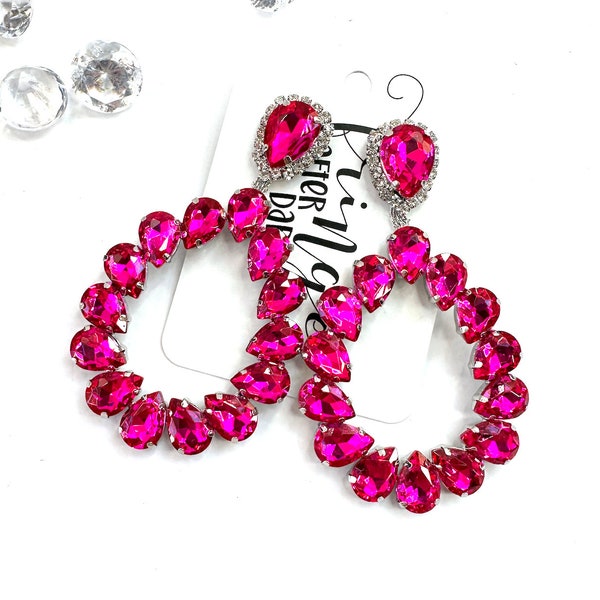 3.5" Fuchsia pageant earrings, fuchsia prom earrings, fuchsia statement earrings, fuchsia rhinestone earrings, fuchsia hoop dangle earrings