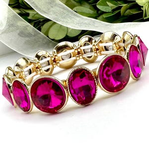 Fuchsia pink crystal stretch bracelet, round stone fuchsia rhinestone stretch bracelet, pink prom bracelet, fuchsia gold evening bracelet