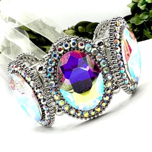AB silver oval crystal stretch bracelet, oversized AB crystal rhinestone stretch bracelet, big AB crystal silver prom evening bracelet