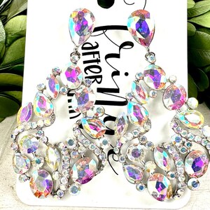 2.8&quot; AB silver rhinestone earrings, AB crystal rhinestone pageant dangle earrings, AB evening crystal prom earrings, bridal earrings