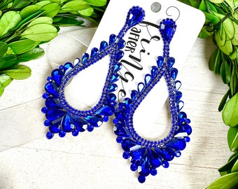 4.25" Sapphire blue rhinestone pageant earrings, blue rhinestone dangle earrings, rhinestone prom earrings, rhinestone statement earrings