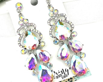 3.1" AB crystal silver dangle earrings, long AB crystal silver rhinestone pageant earrings, AB crystal teardrop rhinestone dangle earrings