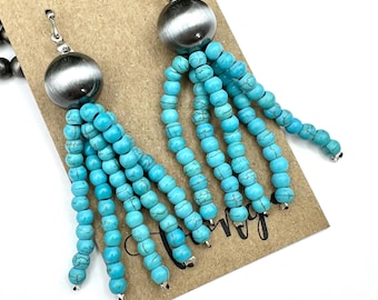 Turquoise blue western beaded dangle earrings, blue western dangle earrings, Navajo pearl style earrings, beaded tassel drop earrings