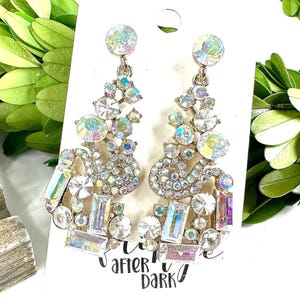 2.25&quot; AB gold cluster dangle earrings, AB rhinestone prom earrings, gold rhinestone evening earrings, AB crystal pageant rhinestone earrings
