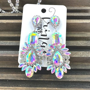 3.5&quot; AB silver pageant earrings, AB rhinestone crystal earrings, AB prom earrings, statement bridal earrings, special occasion earrings
