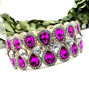 Fuchsia pink crystal stretch bracelet, teardrop fuchsia rhinestone stretch bracelet, pink prom bracelet, fuchsia gold evening bracelet