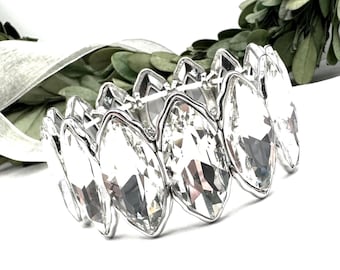 Crystal rhinestone stretch bracelet, marquise clear crystal stretch bracelet, clear crystal silver prom bracelet, crystal evening bracelet