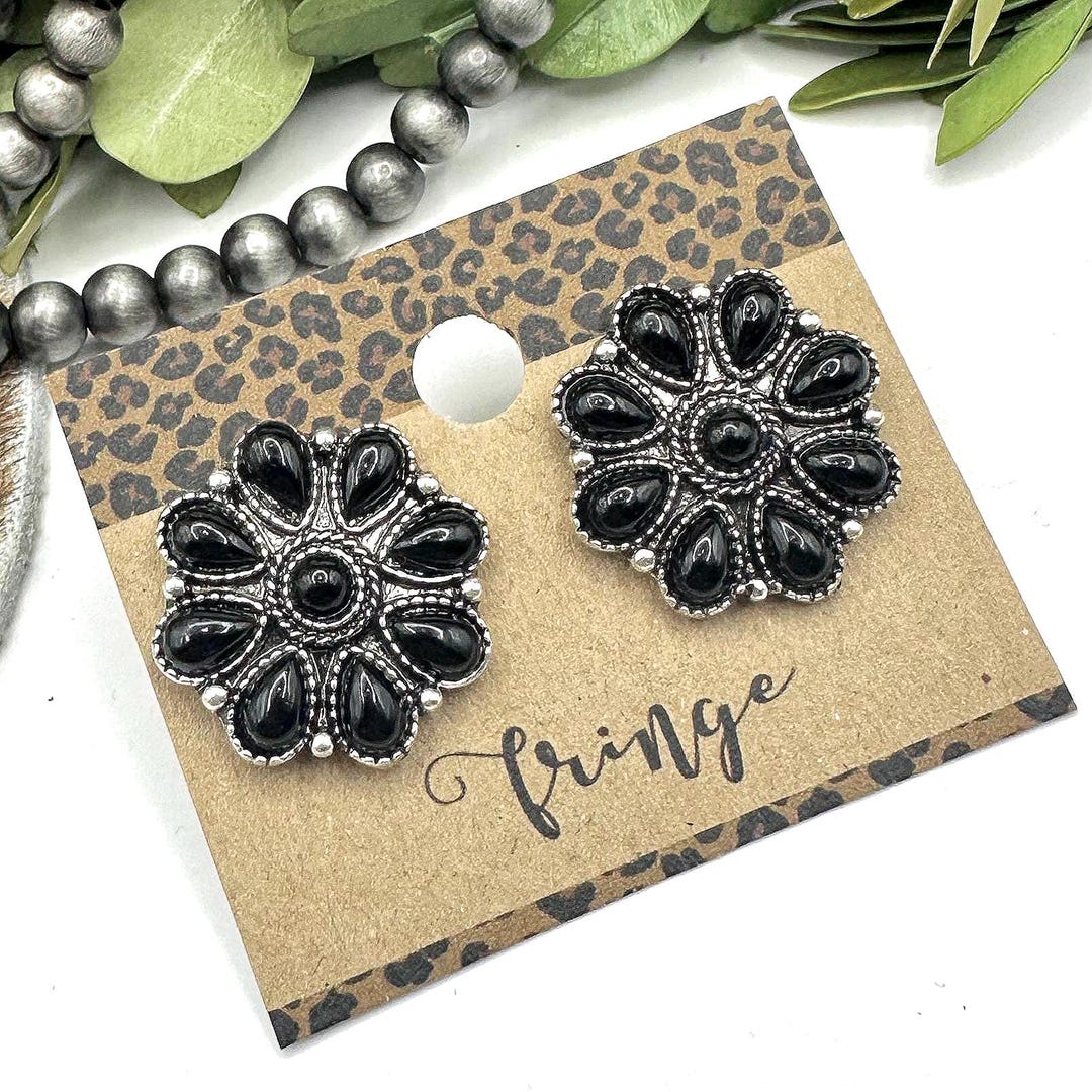 Black Western Stud Earrings, Black Squash Blossom Stone Earrings