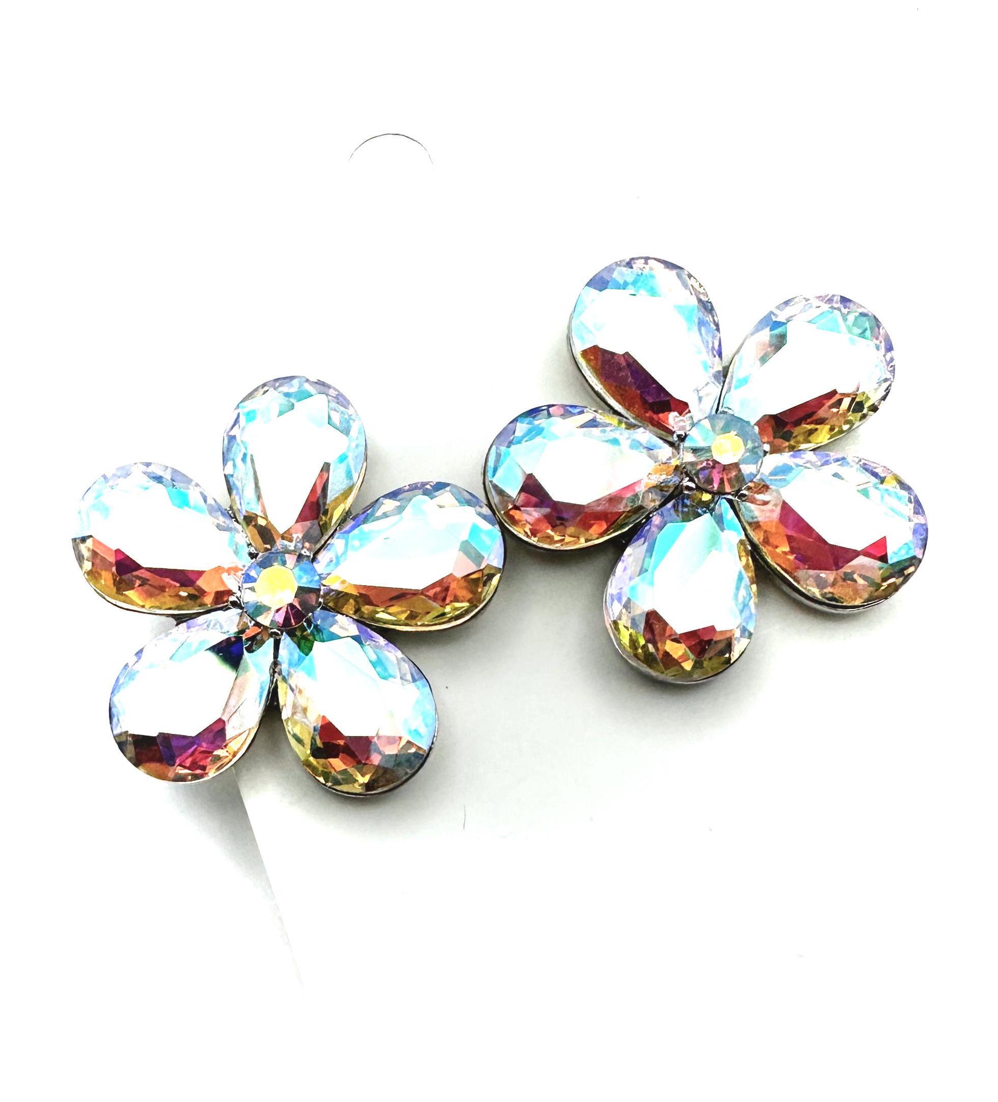 Silver Crystal Flower Stud Earrings - Sparkling Clear AB Stones Silver Flower Crystal Stud Earrings - Sparkling White Floral  main image 2