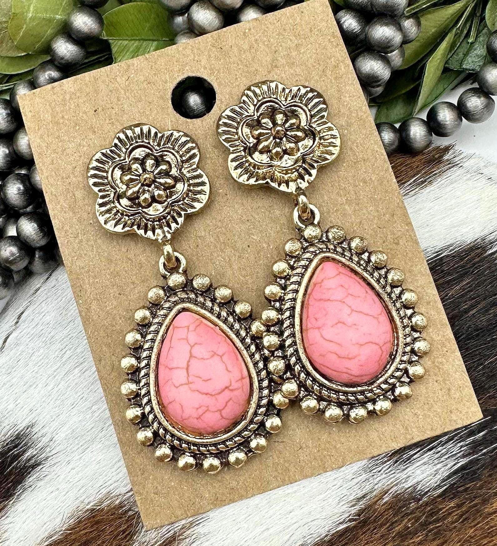 Pink Western Dangle Earrings, Pink Antique Gold Drop Earrings