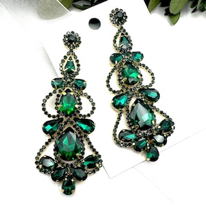 3.4&quot; emerald gold rhinestone dangle earrings, long green crystal prom earrings, emerald pageant earrings, emerald crystal statement earrings