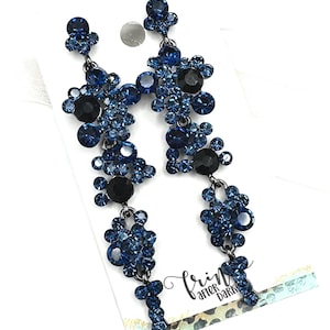 3.4&quot; Navy crystal long dangle earrings, Montana blue pageant earrings, navy statement earrings, Montana blue crystal rhinestone earrings