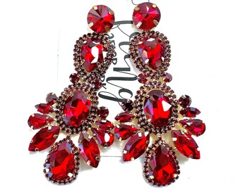 3.5" Red crystal statement earrings, red pageant earrings, red prom earrings, red rhinestone earrings, red rhinestone dangle earrings