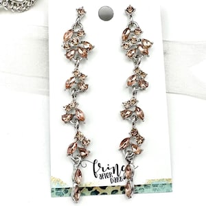 3.25&quot; Champagne silver rhinestone dangle earrings, long crystal prom earrings, champagne peach silver rhinestone pageant earrings