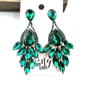 2.8&quot; Emerald rhinestone earrings, emerald pageant earrings, emerald crystal earrings, green prom earrings, emerald statement earrings