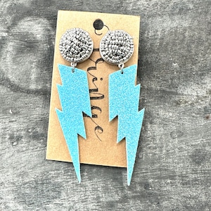 Light blue glitter LIGHTNING BOLT seed bead earrings, pierced earrings